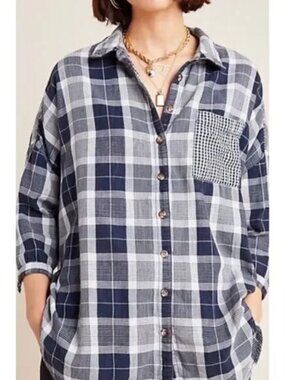 Pilcro & The Letterpress Button Down Plaid Button Shirt Cotton Blue M/L